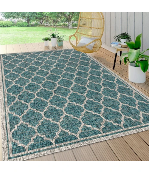 Trebol Moroccan Trellis Textured Weave Teal/Gray 8 ft. x 10 ft. Indoor/Outdoor Area Rug