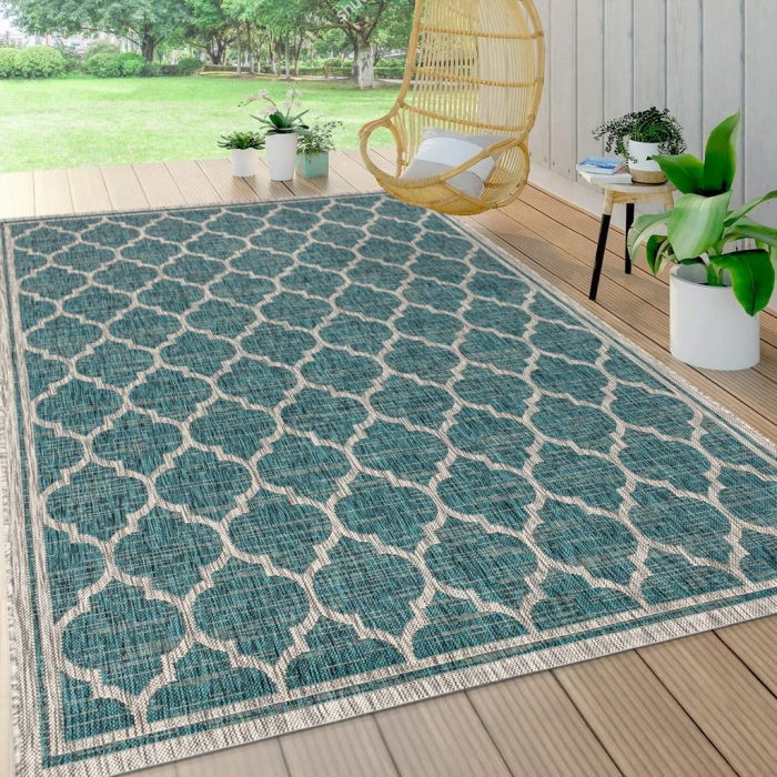 Trebol Moroccan Trellis Textured Weave Teal/Gray 3 ft. x 5 ft. Indoor/Outdoor Area Rug