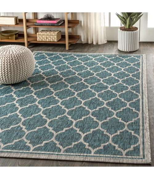 Trebol Moroccan Trellis Textured Weave Teal/Gray 8 ft. x 10 ft. Indoor/Outdoor Area Rug