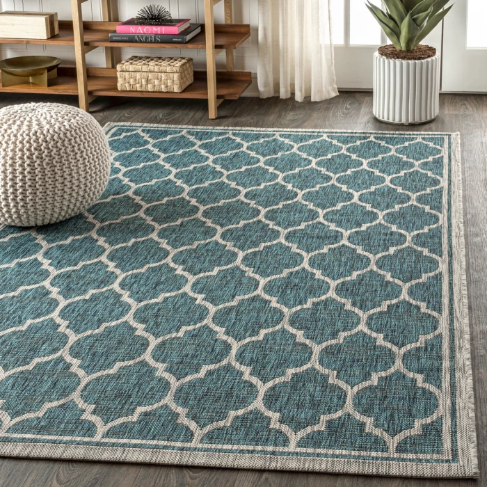 Trebol Moroccan Trellis Textured Weave Teal/Gray 3 ft. x 5 ft. Indoor/Outdoor Area Rug