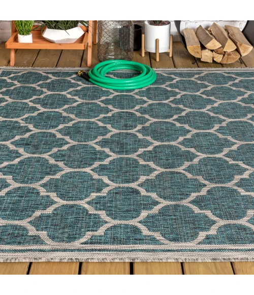 Trebol Moroccan Trellis Textured Weave Teal/Gray 8 ft. x 10 ft. Indoor/Outdoor Area Rug