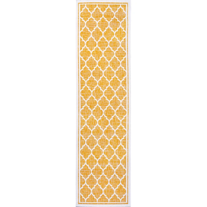 Trebol Moroccan Trellis Textured Weave Yellow/Cream 2 ft. x 10 ft. Indoor/Outdoor Runner Rug