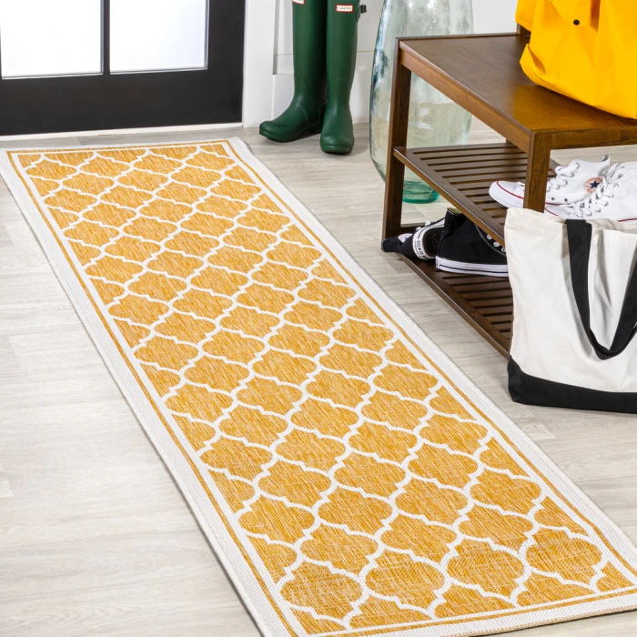Trebol Moroccan Trellis Textured Weave Yellow/Cream 2 ft. x 10 ft. Indoor/Outdoor Runner Rug