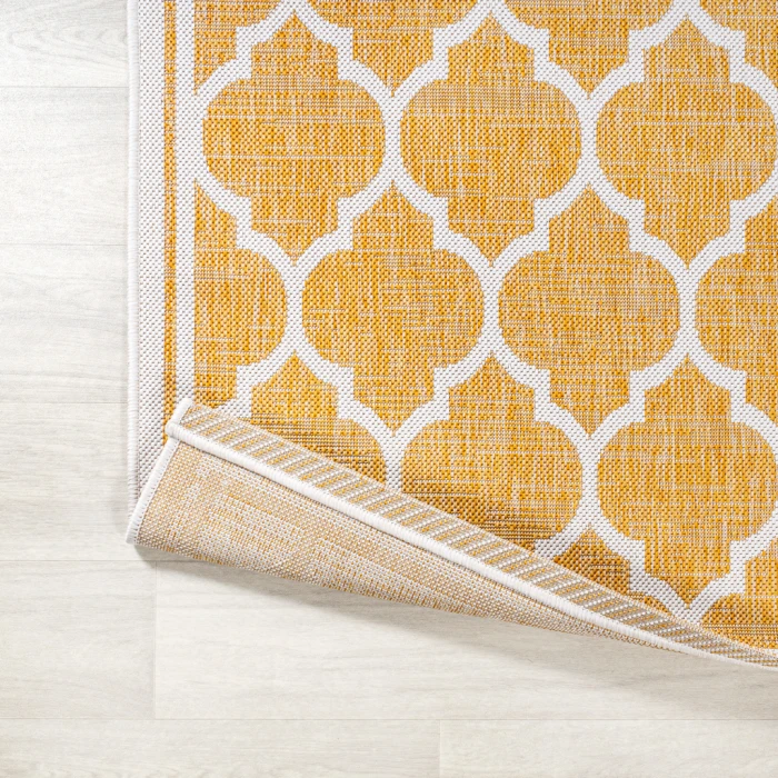 Trebol Moroccan Trellis Textured Weave Yellow/Cream 5' Round Indoor/Outdoor Area Rug