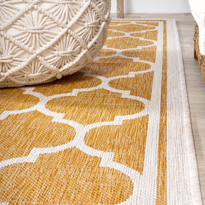 Trebol Moroccan Trellis Textured Weave Yellow/Cream 5' Round Indoor/Outdoor Area Rug