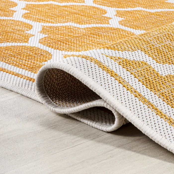 Trebol Moroccan Trellis Textured Weave Yellow/Cream 5' Round Indoor/Outdoor Area Rug