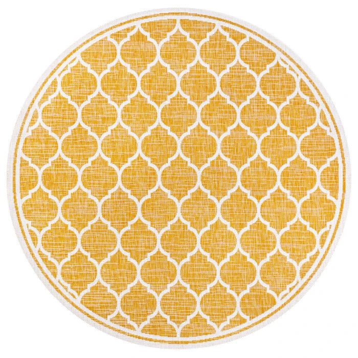 Trebol Moroccan Trellis Textured Weave Yellow/Cream 5' Round Indoor/Outdoor Area Rug