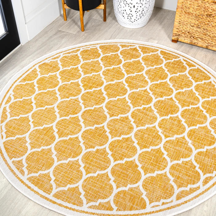 Trebol Moroccan Trellis Textured Weave Yellow/Cream 5' Round Indoor/Outdoor Area Rug