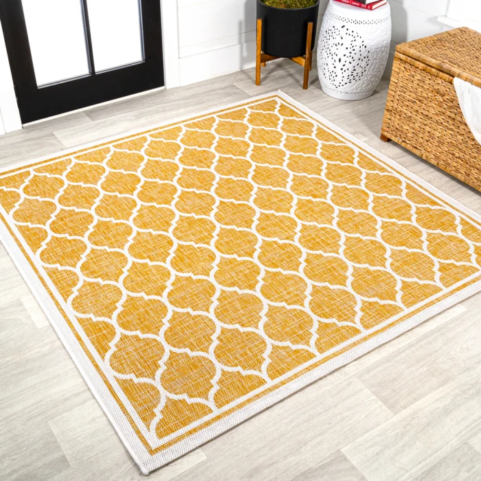 Trebol Moroccan Trellis Textured Weave Yellow/Cream 5' Square Indoor/Outdoor Area Rug