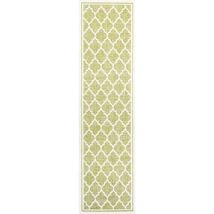 Trebol Moroccan Trellis Textured Weave Green/Cream 2 ft. x 8 ft. Indoor/Outdoor Runner Rug