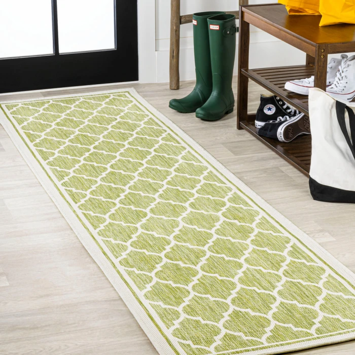 Trebol Moroccan Trellis Textured Weave Green/Cream 2 ft. x 8 ft. Indoor/Outdoor Runner Rug