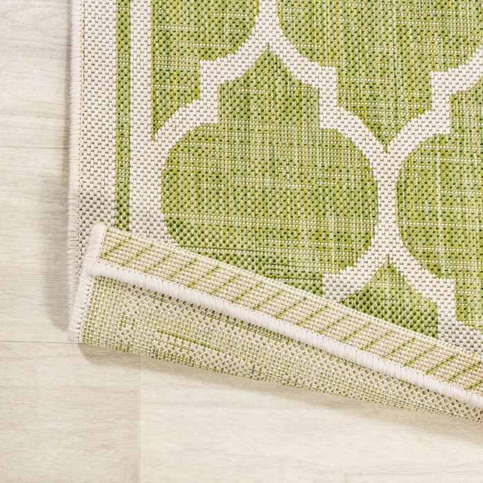 Trebol Moroccan Trellis Textured Weave Green/Cream 5' Round Indoor/Outdoor Area Rug