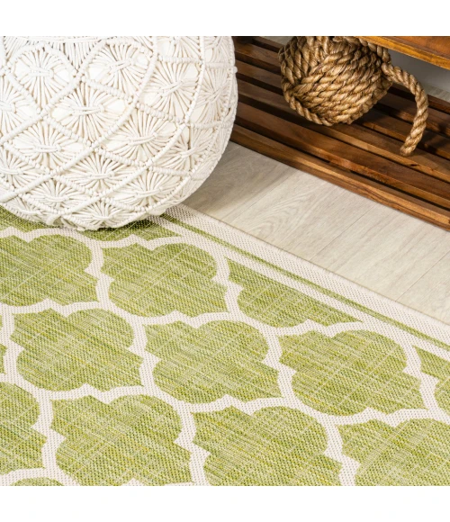 Trebol Moroccan Trellis Textured Weave Green/Cream 2 ft. x 8 ft. Indoor/Outdoor Runner Rug