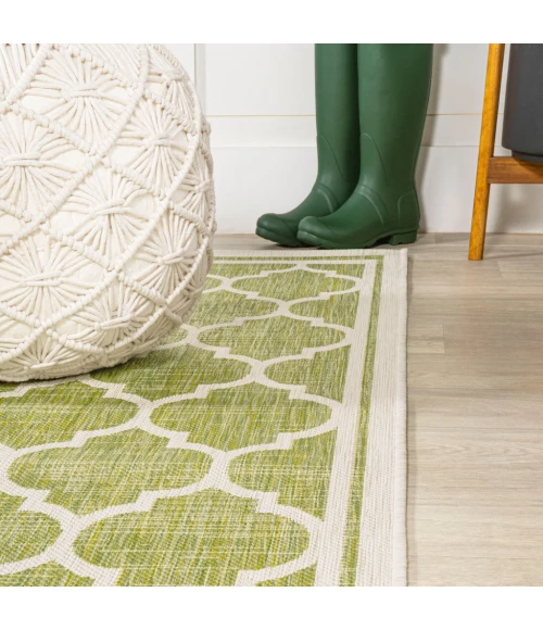 Trebol Moroccan Trellis Textured Weave Green/Cream 2 ft. x 8 ft. Indoor/Outdoor Runner Rug
