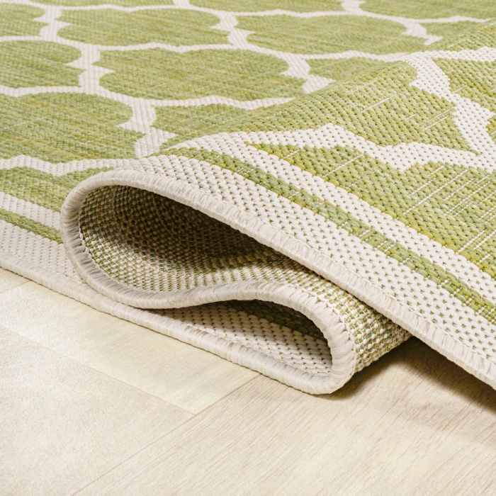 Trebol Moroccan Trellis Textured Weave Green/Cream 5' Round Indoor/Outdoor Area Rug