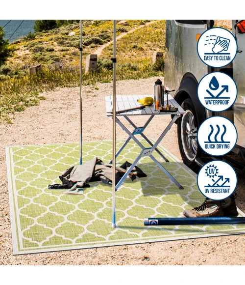 Trebol Moroccan Trellis Textured Weave Green/Cream 2 ft. x 8 ft. Indoor/Outdoor Runner Rug