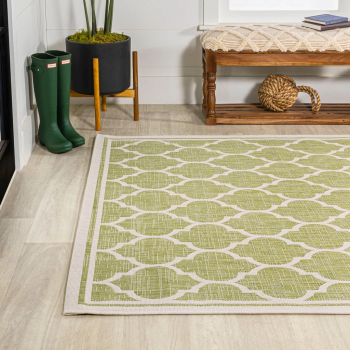 Trebol Moroccan Trellis Textured Weave Green/Cream 3 ft. x 5 ft. Indoor/Outdoor Area Rug