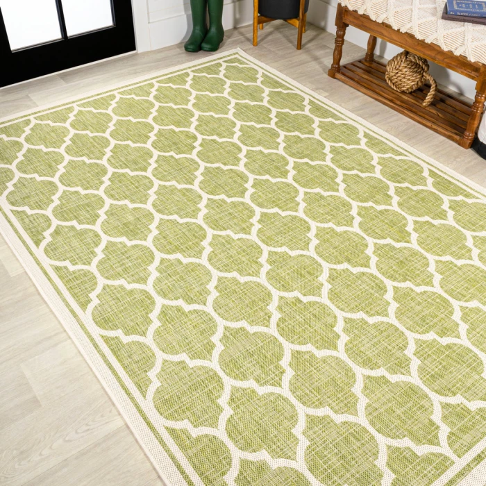 Trebol Moroccan Trellis Textured Weave Green/Cream 3 ft. x 5 ft. Indoor/Outdoor Area Rug