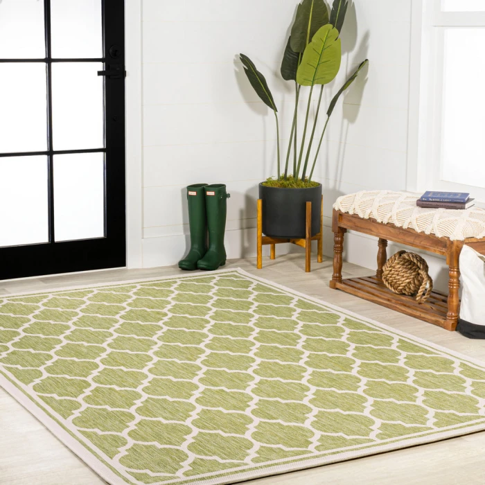 Trebol Moroccan Trellis Textured Weave Green/Cream 3 ft. x 5 ft. Indoor/Outdoor Area Rug