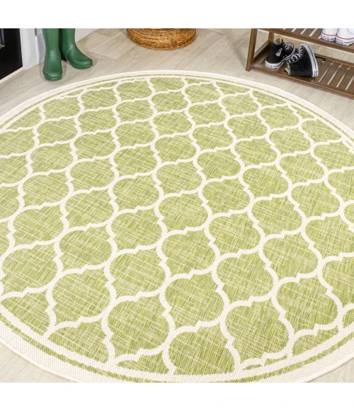 Trebol Moroccan Trellis Textured Weave Green/Cream 5' Round Indoor/Outdoor Area Rug