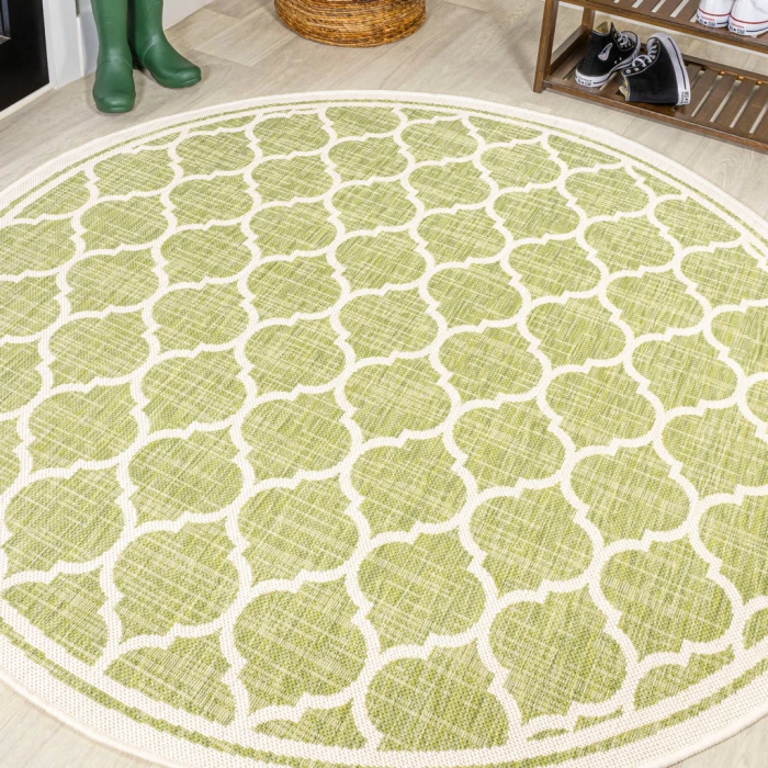 Trebol Moroccan Trellis Textured Weave Green/Cream 5' Round Indoor/Outdoor Area Rug