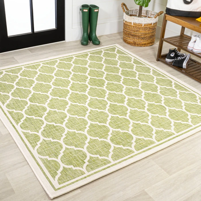Trebol Moroccan Trellis Textured Weave Green/Cream 5' Square Indoor/Outdoor Area Rug