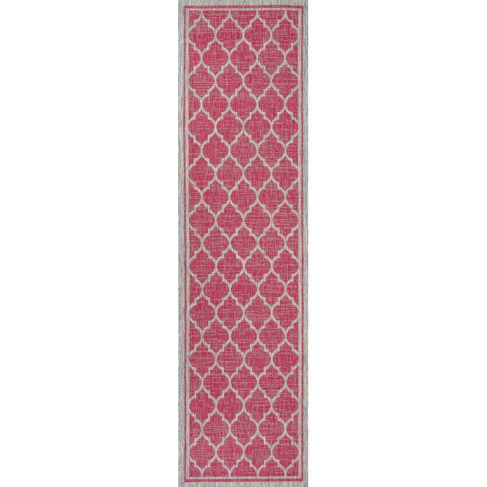 Trebol Moroccan Trellis Textured Weave Fuchsia/Light Gray 2 ft. x 10 ft. Indoor/Outdoor Runner Rug