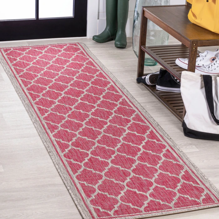 Trebol Moroccan Trellis Textured Weave Fuchsia/Light Gray 2 ft. x 10 ft. Indoor/Outdoor Runner Rug