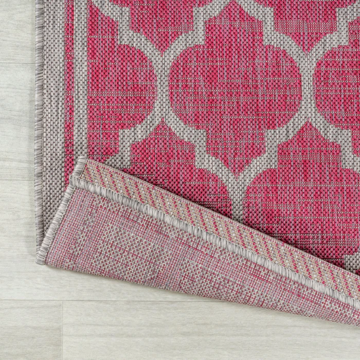 Trebol Moroccan Trellis Textured Weave Fuchsia/Light Gray 5' Square Indoor/Outdoor Area Rug