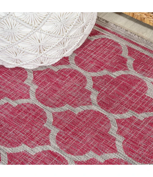 Trebol Moroccan Trellis Textured Weave Fuchsia/Light Gray 5' Square Indoor/Outdoor Area Rug