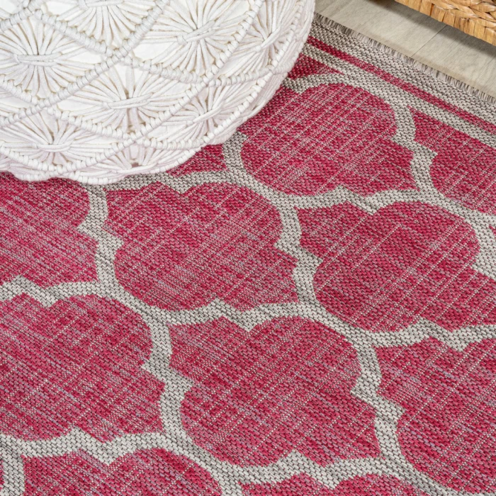 Trebol Moroccan Trellis Textured Weave Fuchsia/Light Gray 5' Square Indoor/Outdoor Area Rug