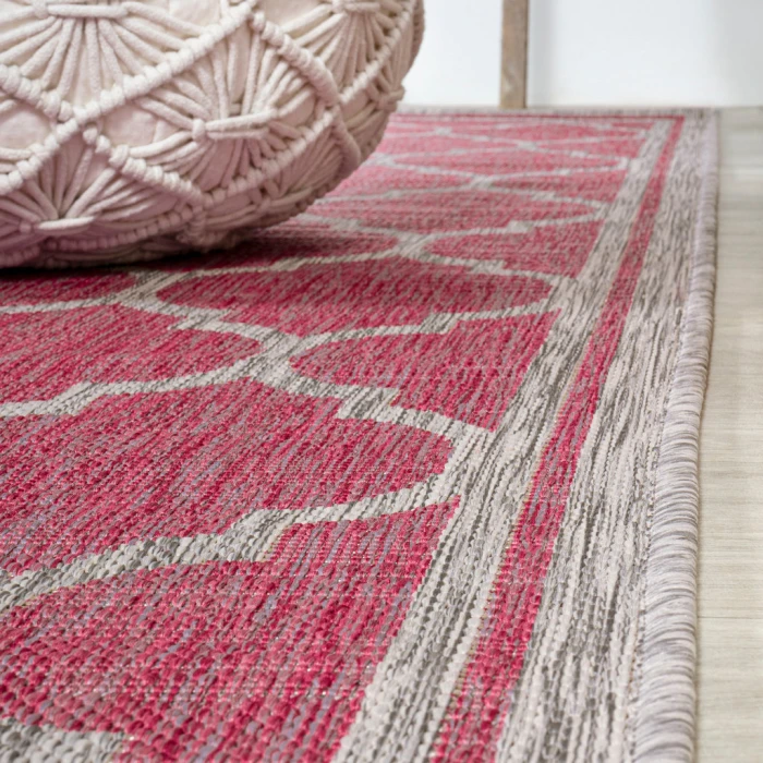 Trebol Moroccan Trellis Textured Weave Fuchsia/Light Gray 5' Square Indoor/Outdoor Area Rug