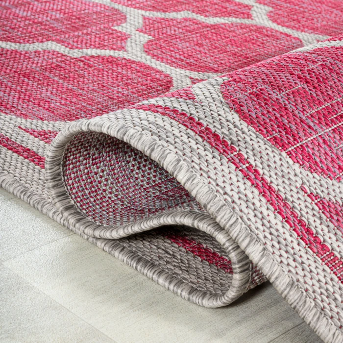 Trebol Moroccan Trellis Textured Weave Fuchsia/Light Gray 5' Square Indoor/Outdoor Area Rug