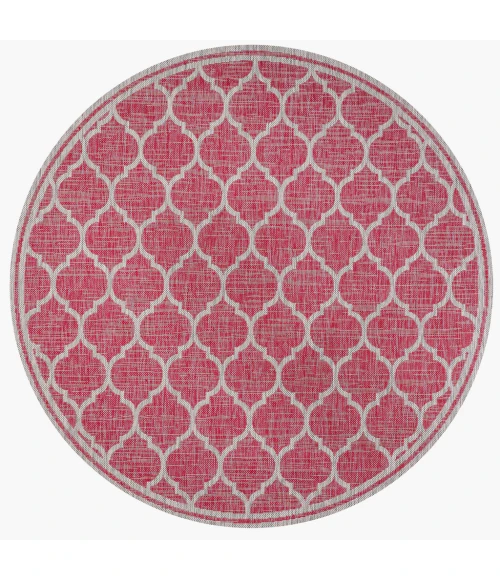 Trebol Moroccan Trellis Textured Weave Fuchsia/Light Gray 5' Round Indoor/Outdoor Area Rug