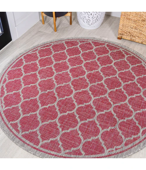 Trebol Moroccan Trellis Textured Weave Fuchsia/Light Gray 5' Round Indoor/Outdoor Area Rug