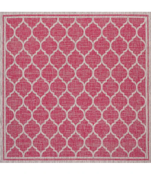 Trebol Moroccan Trellis Textured Weave Fuchsia/Light Gray 5' Square Indoor/Outdoor Area Rug