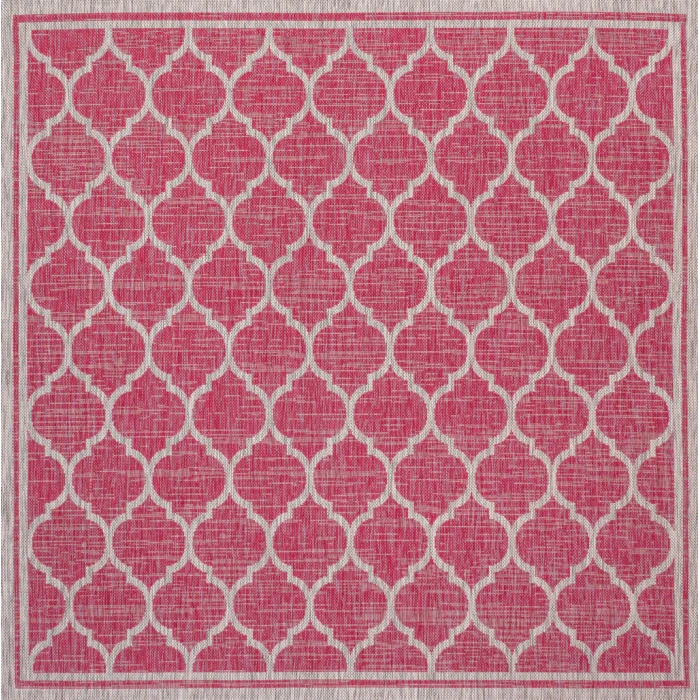 Trebol Moroccan Trellis Textured Weave Fuchsia/Light Gray 5' Square Indoor/Outdoor Area Rug