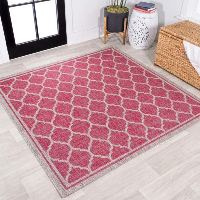 Trebol Moroccan Trellis Textured Weave Fuchsia/Light Gray 5' Square Indoor/Outdoor Area Rug