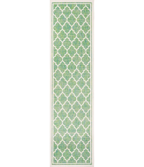 Trebol Moroccan Trellis Textured Weave Cream/Green 2 ft. x 10 ft. Indoor/Outdoor Runner Rug