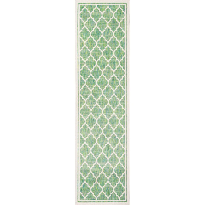 Trebol Moroccan Trellis Textured Weave Cream/Green 2 ft. x 8 ft. Indoor/Outdoor Runner Rug