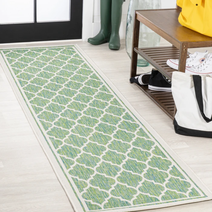 Trebol Moroccan Trellis Textured Weave Cream/Green 2 ft. x 8 ft. Indoor/Outdoor Runner Rug