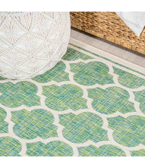 Trebol Moroccan Trellis Textured Weave Cream/Green 5' Square Indoor/Outdoor Area Rug