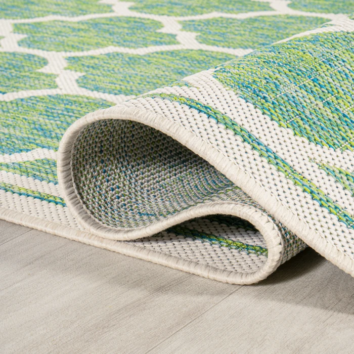 Trebol Moroccan Trellis Textured Weave Cream/Green 5' Round Indoor/Outdoor Area Rug