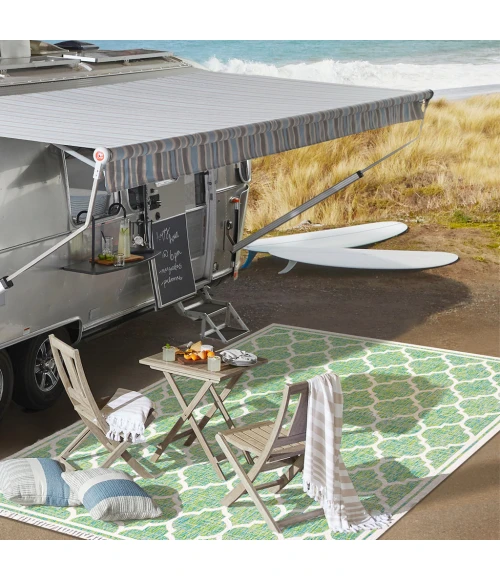 Trebol Moroccan Trellis Textured Weave Cream/Green 5' Square Indoor/Outdoor Area Rug