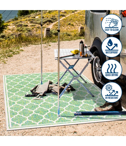 Trebol Moroccan Trellis Textured Weave Cream/Green 5' Square Indoor/Outdoor Area Rug