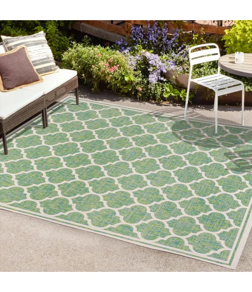 Trebol Moroccan Trellis Textured Weave Cream/Green 8 ft. x 10 ft. Indoor/Outdoor Area Rug