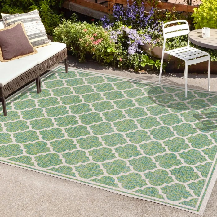 Trebol Moroccan Trellis Textured Weave Cream/Green 3 ft. x 5 ft. Indoor/Outdoor Area Rug