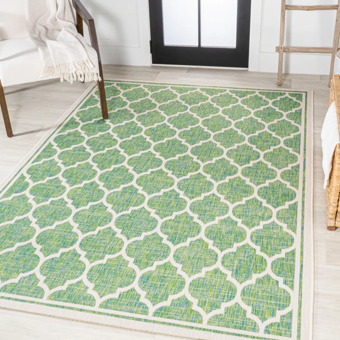 Trebol Moroccan Trellis Textured Weave Cream/Green 3 ft. x 5 ft. Indoor/Outdoor Area Rug