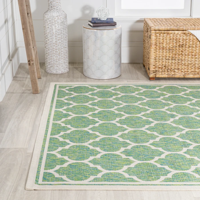 Trebol Moroccan Trellis Textured Weave Cream/Green 3 ft. x 5 ft. Indoor/Outdoor Area Rug