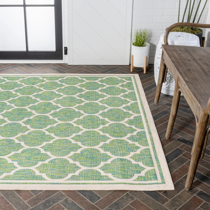 Trebol Moroccan Trellis Textured Weave Cream/Green 3 ft. x 5 ft. Indoor/Outdoor Area Rug